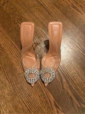 (Never Worn) Zara Tan Clear Pointed Heels with Crystal Circle